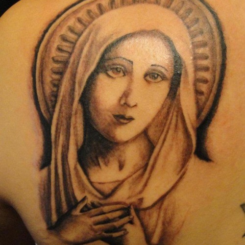Left Back Shoulder Grey Ink Virgin Mary Tattoo
