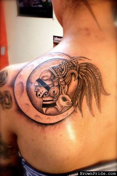 Left Back Shoulder Moon And Mayan Tattoo For Girls