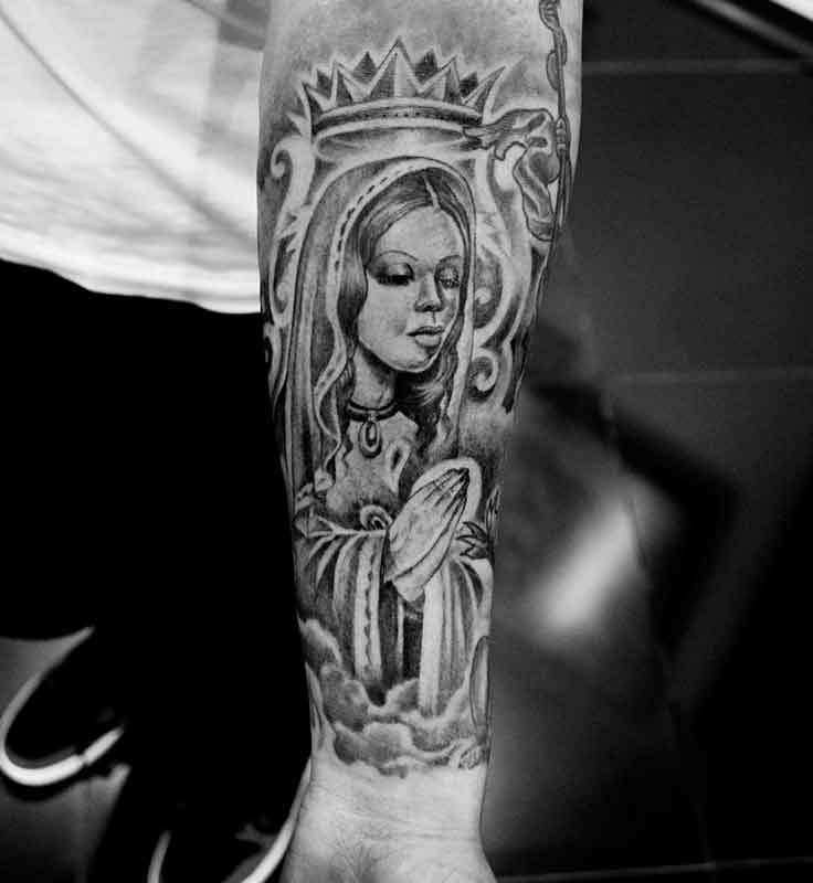 Left Forearm Grey Ink Religious Virgin Mary Tattoo