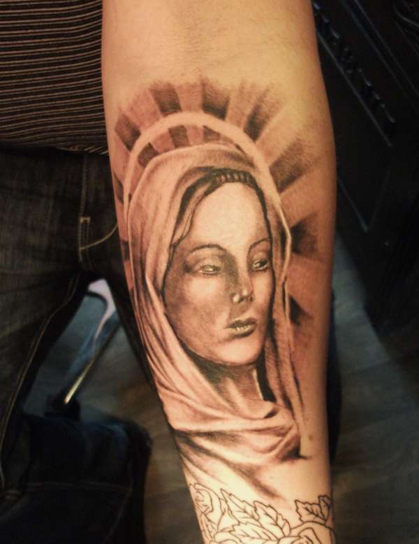 Left Forearm Grey Ink Virgin Mary Tattoo For Men