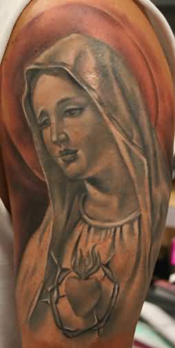 Left Half Sleeve Grey Ink Virgin Mary Tattoo