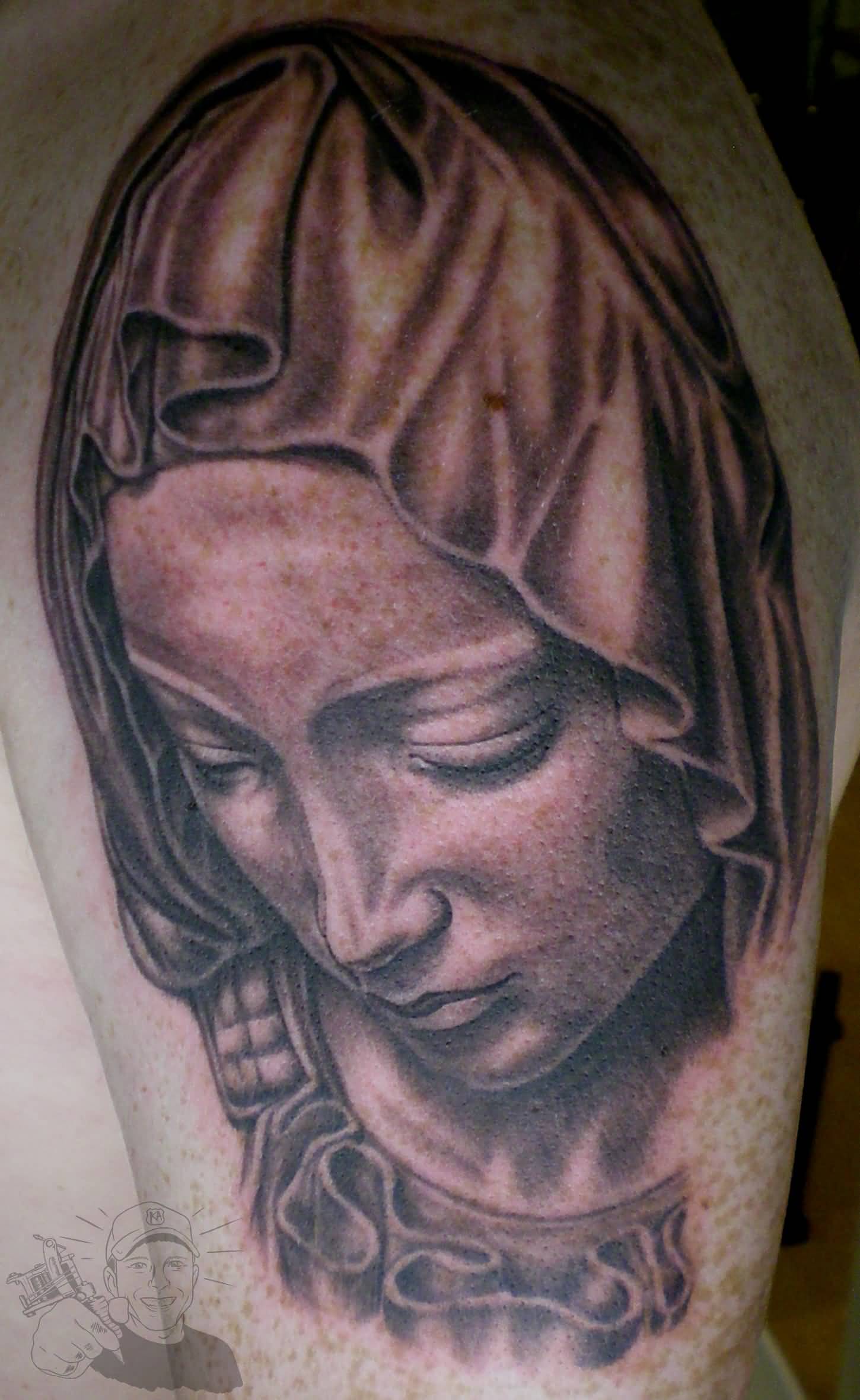 Left Shoulder Grey Ink Virgin Mary Tattoo