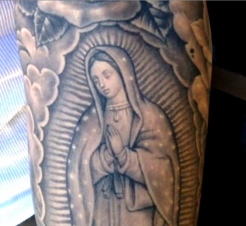 Left Sleeve Grey Ink Virgin Mary Tattoo