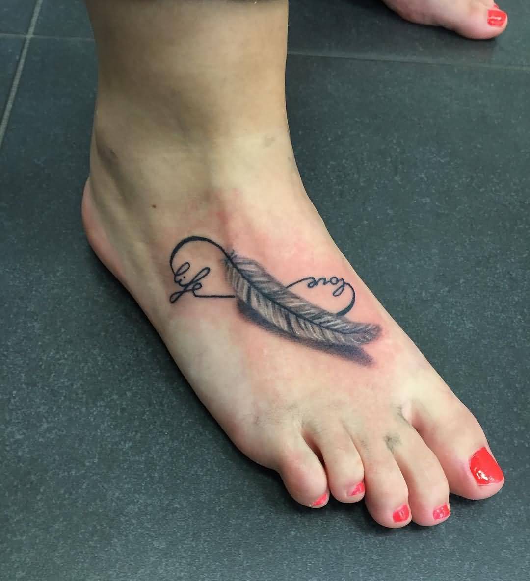 Love Life Infinity Tattoo On Girl Right Foot