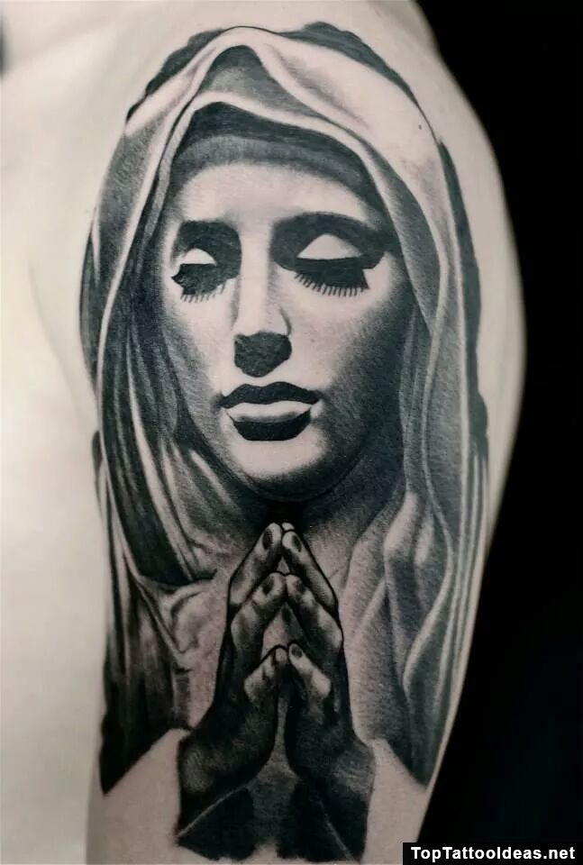 Man Left Half Sleeve Grey Ink Virgin Mary Tattoo