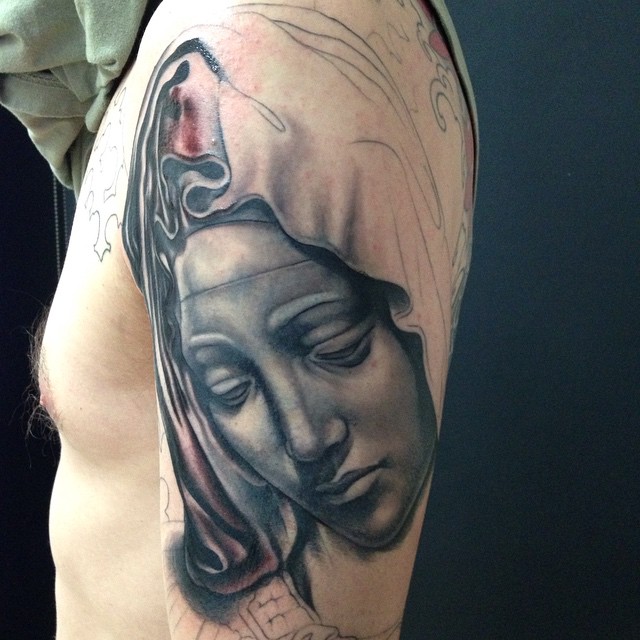 Man Left Half Sleeve Virgin Mary Tattoo Idea