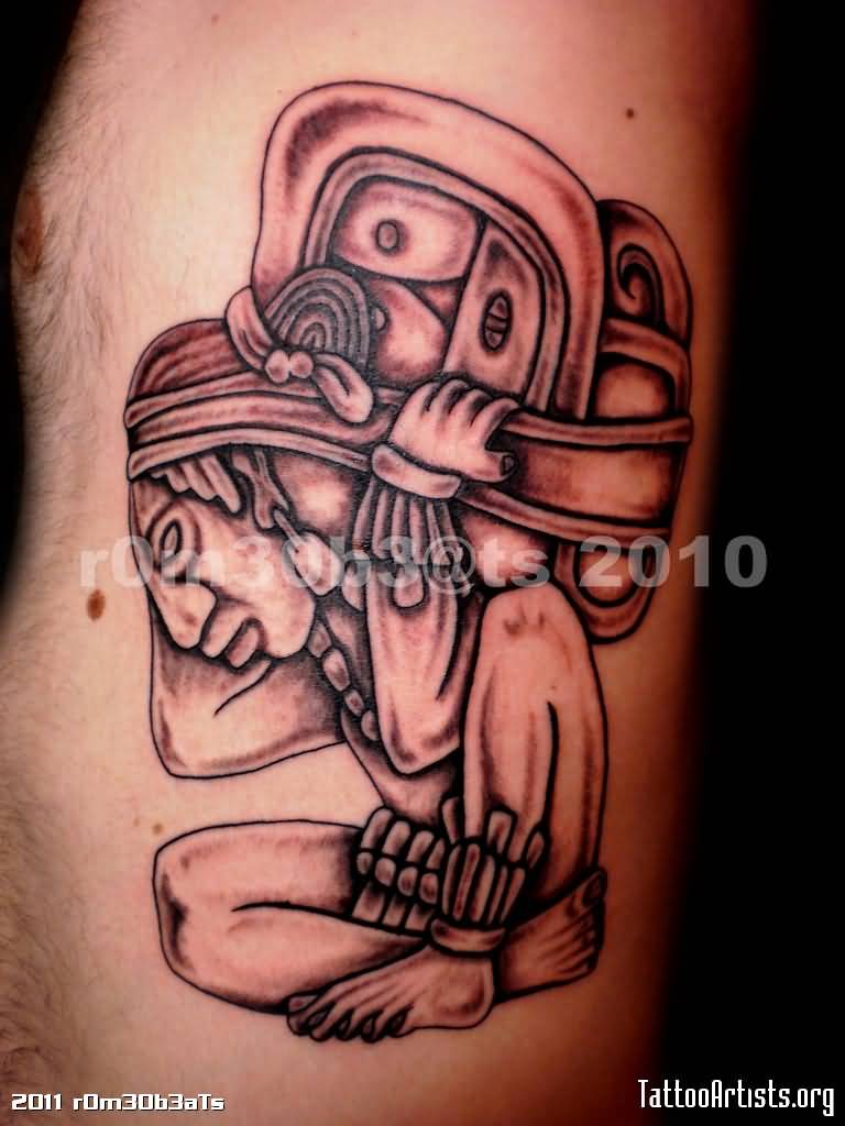 Man Rib Side Grey Ink Mayan Tattoo