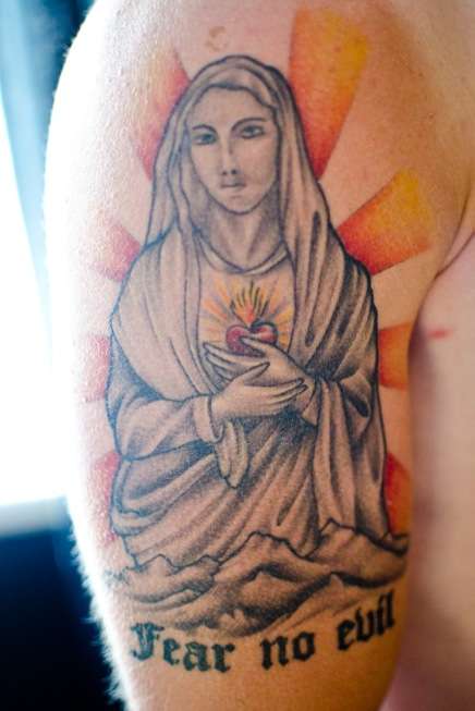 Man Right Half Sleeve Virgin Mary Tattoo