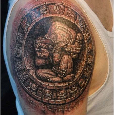 Man Right Shoulder Mayan Tattoo