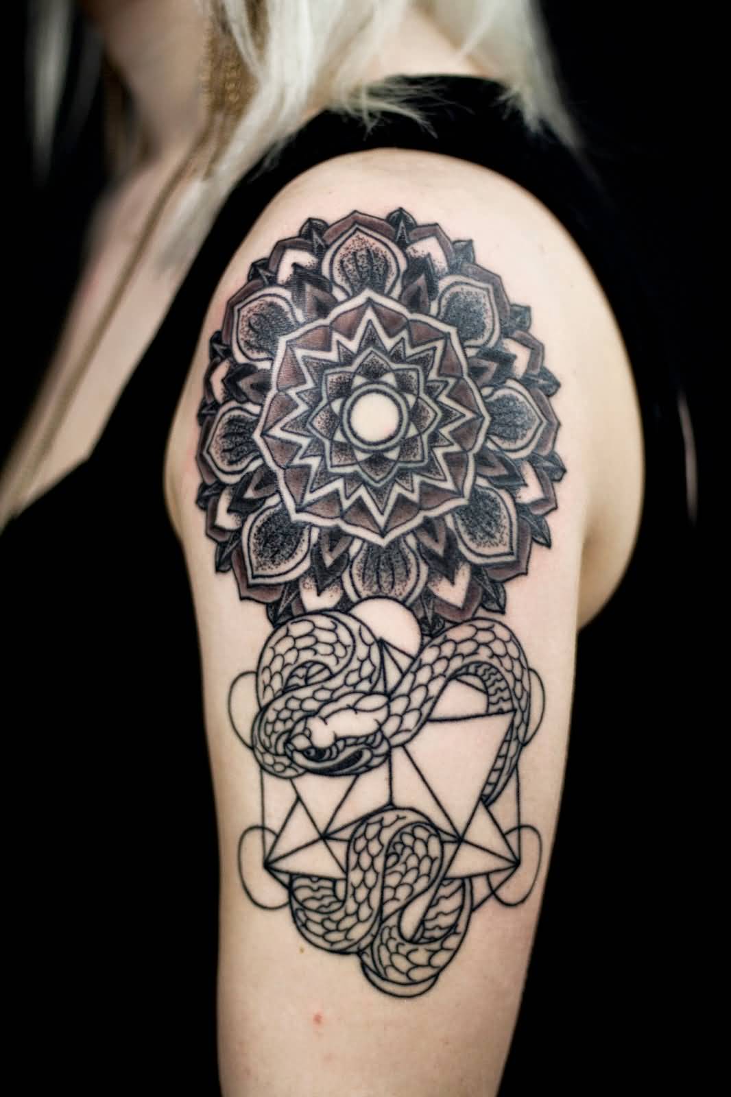 Mandala Flower And Ouroboros Tattoo On Left Half Sleeve