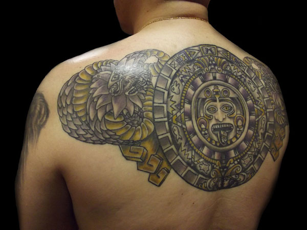 Mayan Tattoo On Man Upper Back