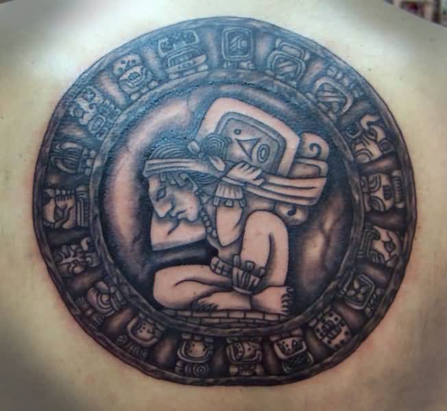 Mayan Tattoo On Right Back Shoulder