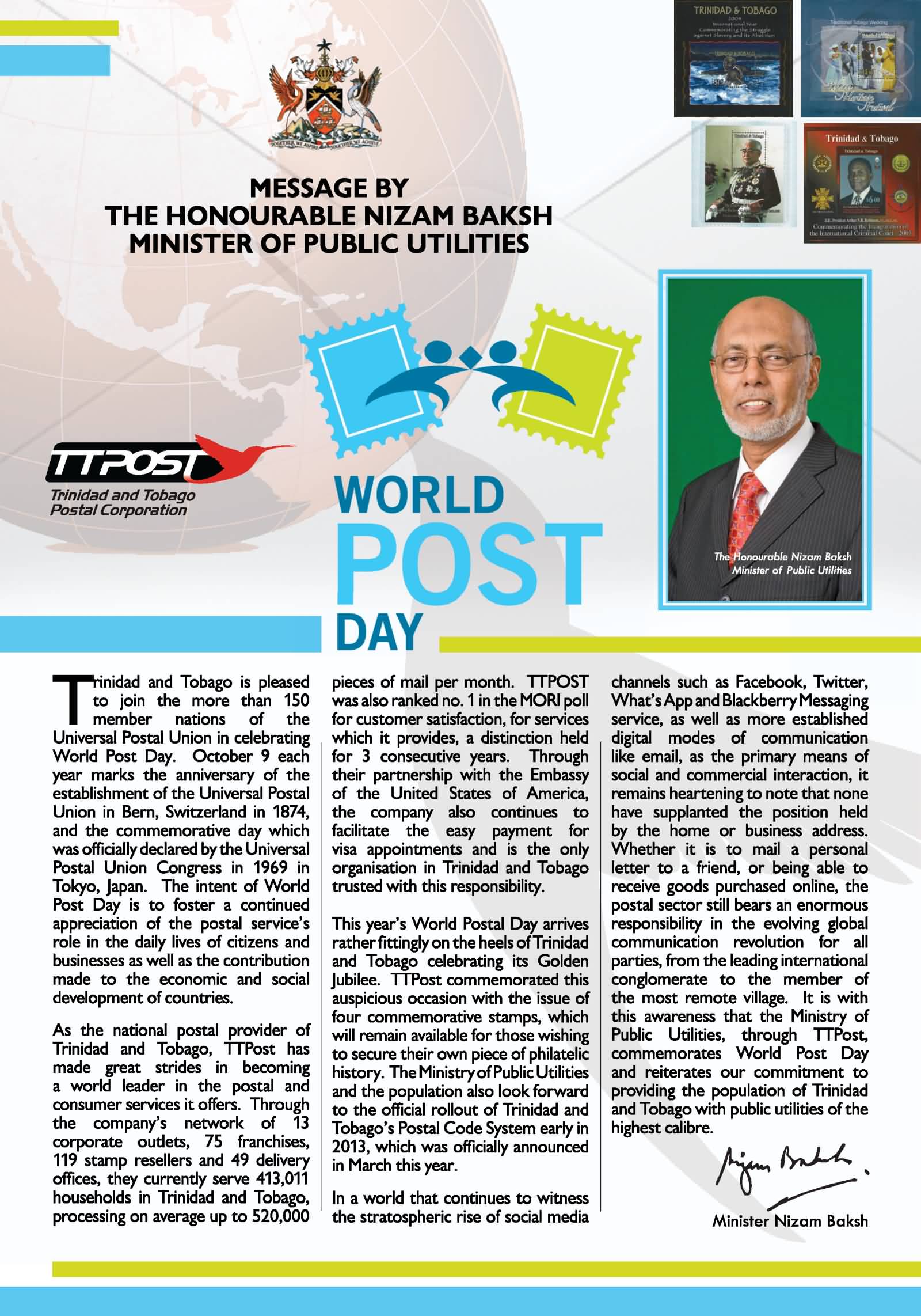 Message By Honourable Nizam Baksh Minister Of Public Unilities On World Post Day
