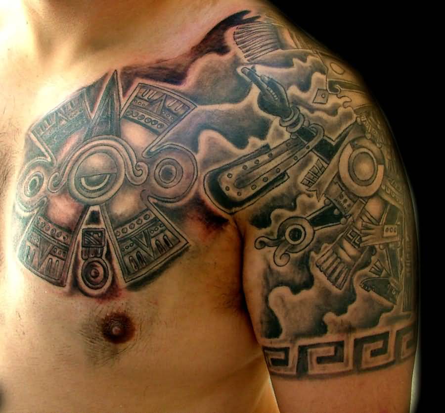 Mexican Mayan Tattoo On Chest And Shoulder by Piglegion