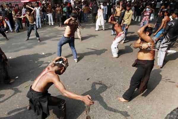 Muslim Men Flagellate Themselves During Muharram Celebration