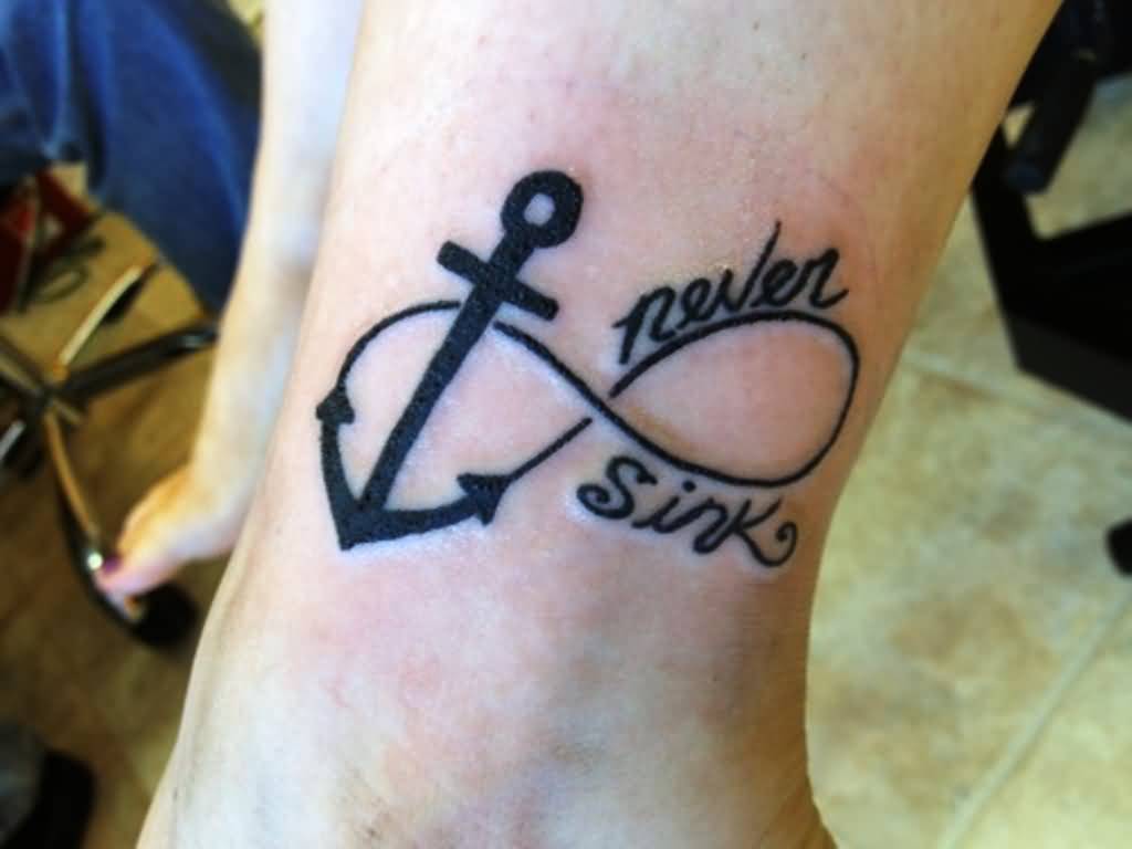 Never Sink Anchor Infinity Tattoo On Leg