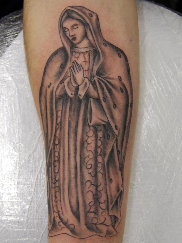 Nice Grey Ink Praying Virgin Mary Tattoo On Forearm