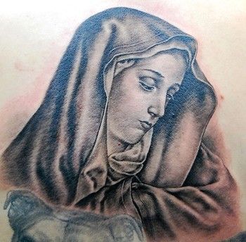 Nice Grey Ink Virgin Mary Tattoo Idea