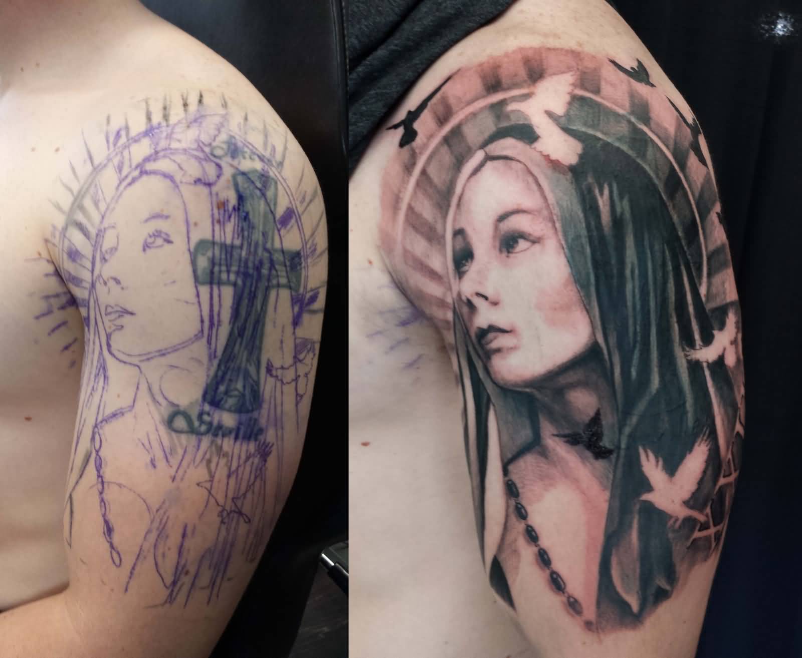 Nice Grey Virgin Mary Tattoo On Left Shoulder For Men