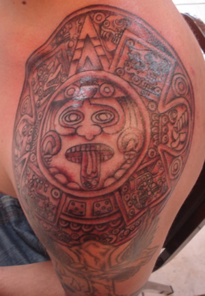 Nice Red And Grey Ink Mayan Tattoo
