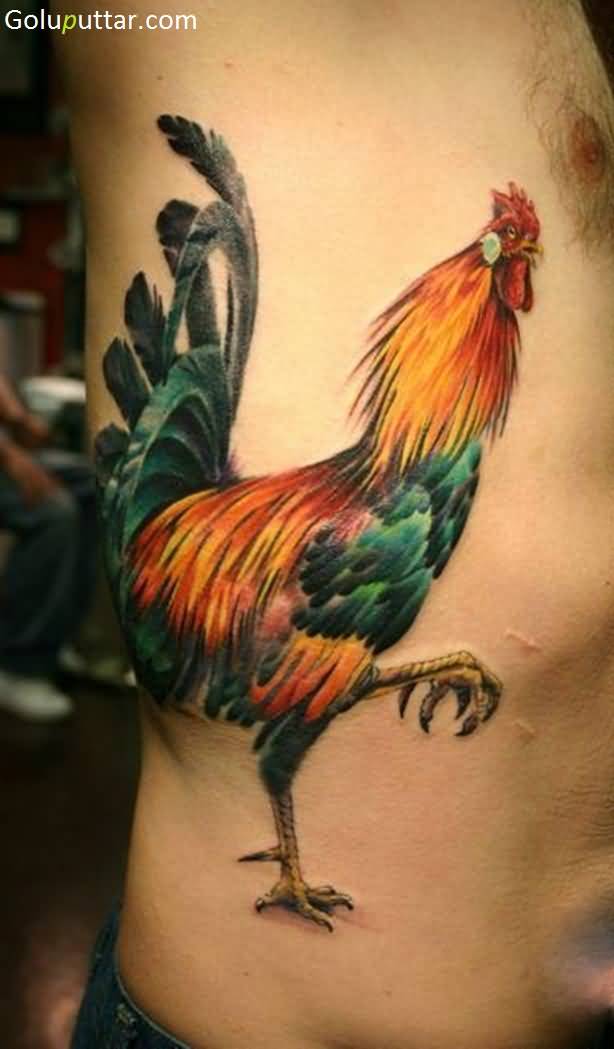 Nice Rib Side Colored Rooster Tattoo For Men