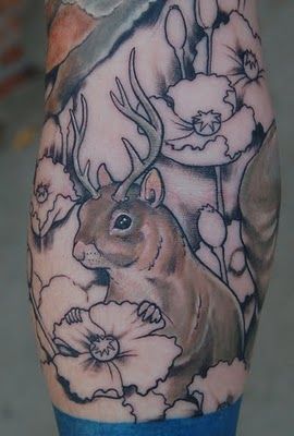 Outline Flower And Jackalope Tattoo