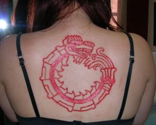 Outline Red Ink Ouroboros Tattoo On Upper Back