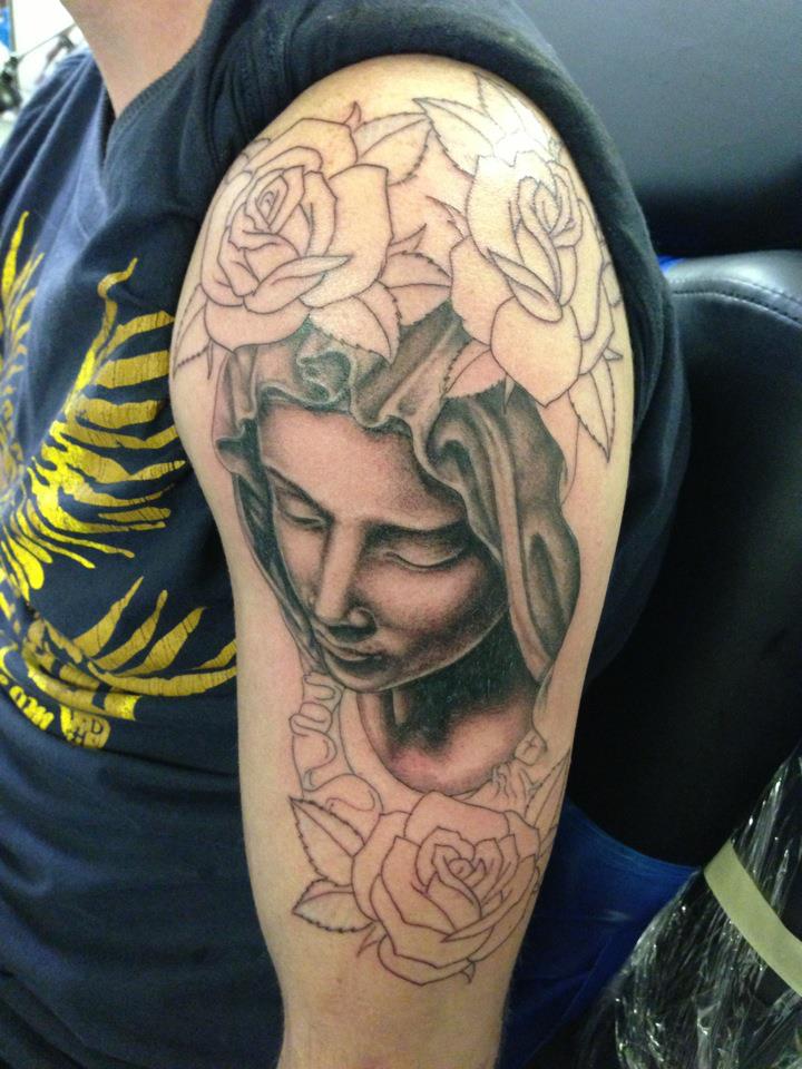 Outline Roses And Virgin Mary Tattoo On Left Shoulder