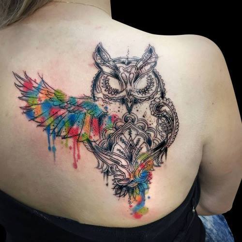 Owl Tattoo On Girl Right Back Shoulder