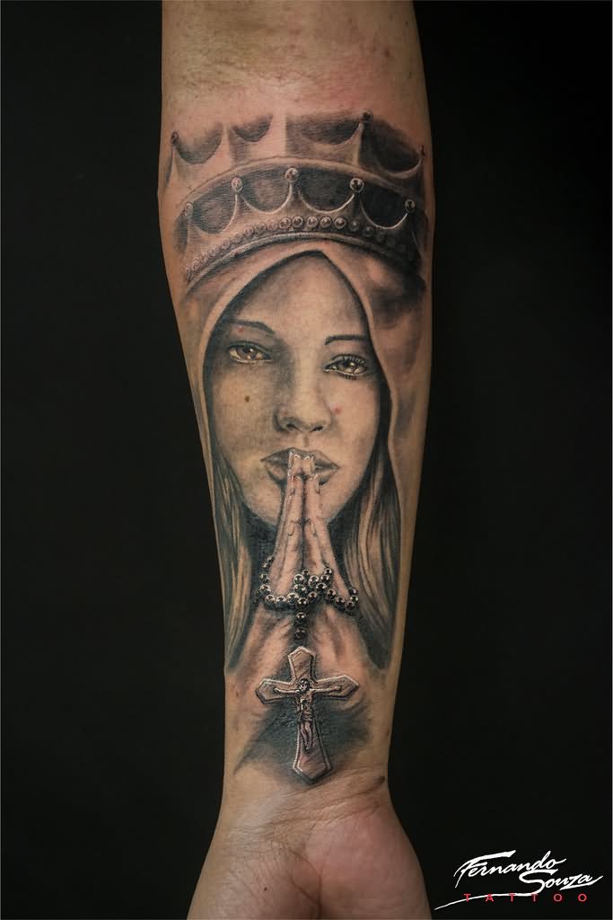 Praying Holy Virgin Mary Tattoo On Forearm