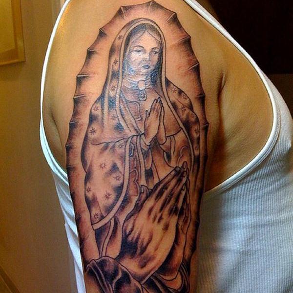 Praying Virgin Mary Tattoo On Man Right Half Sleeve
