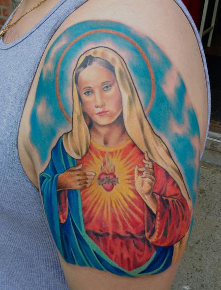Realistic Color Virgin Mary Tattoo On Left Half Sleeve