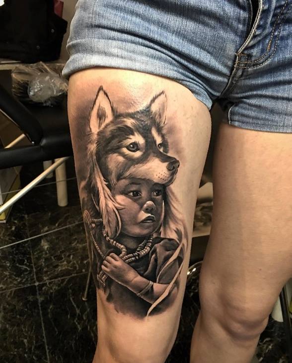 Realistic Fox Girl Tattoo On Right Thigh by David Garcia