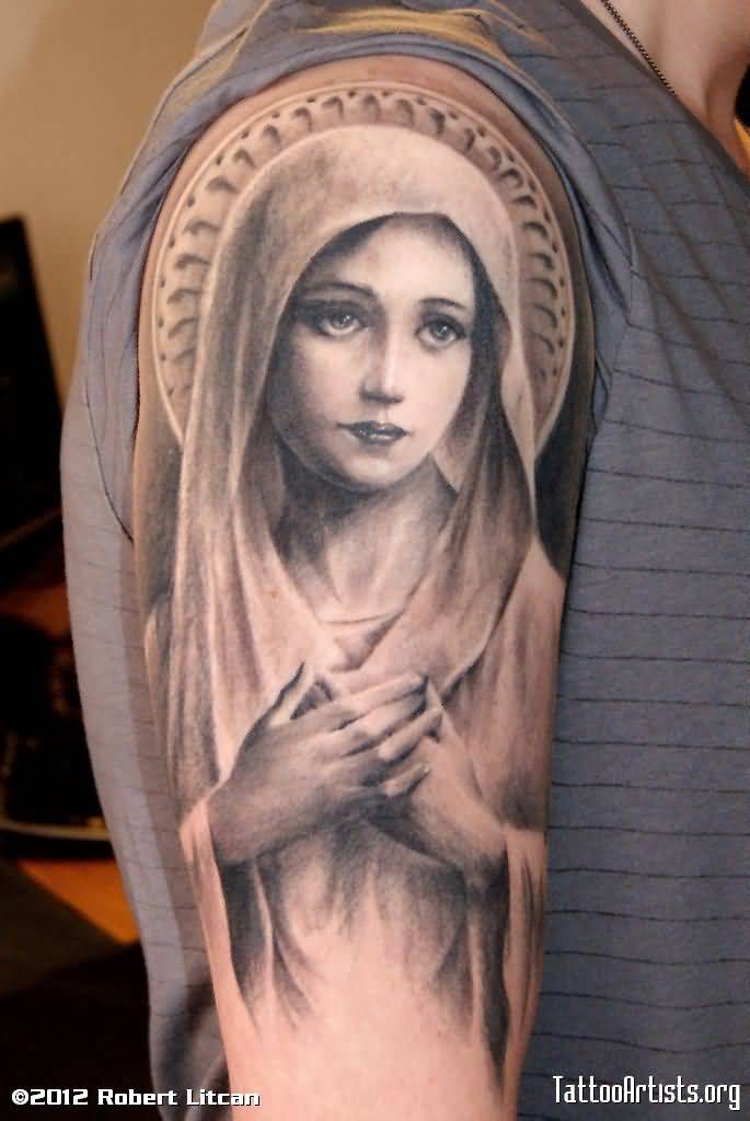 Realistic Grey Ink Virgin Mary Tattoo On Man Right Half Sleeve