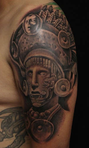 Realistic Grey Mayan Tattoo On Left Shoulder