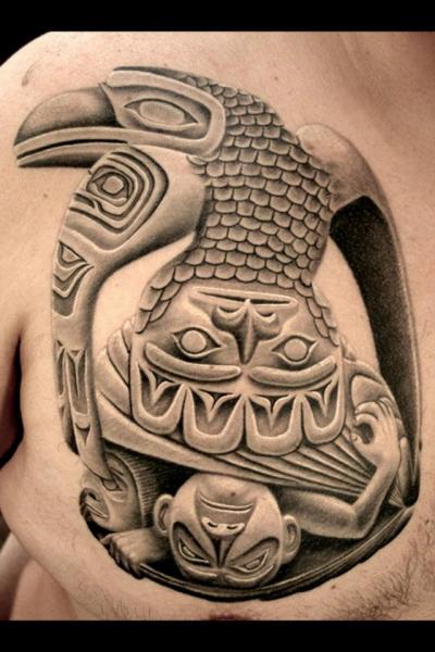 Realistic Grey Mayan Tattoo On Man Chest
