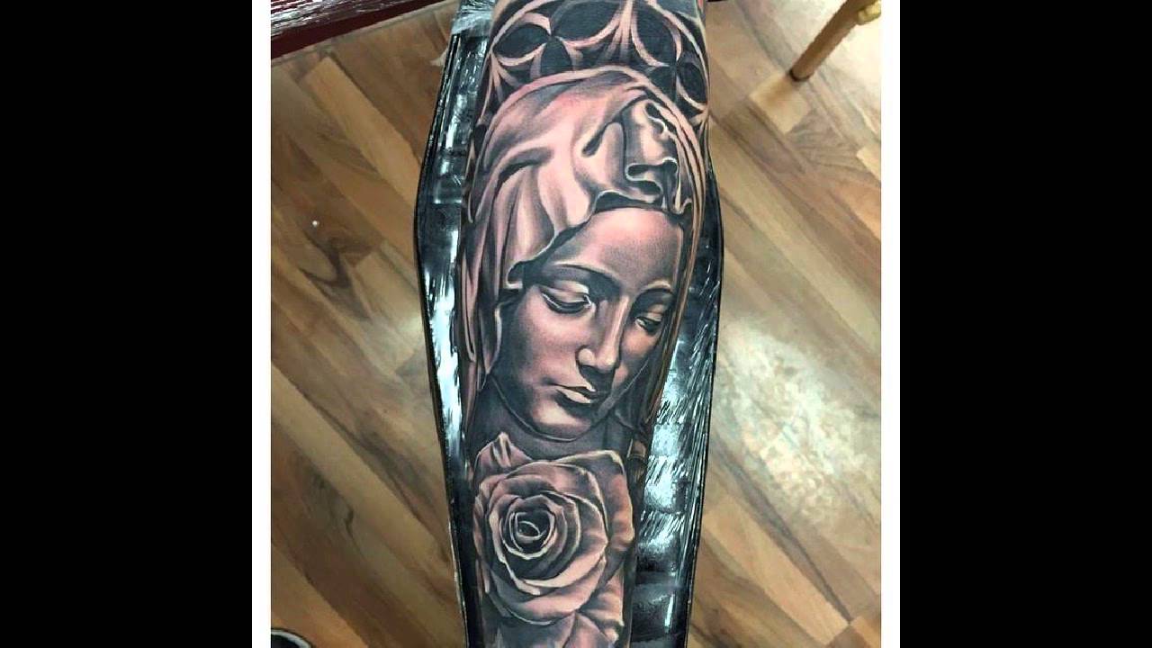 Realistic Grey Virgin Mary Tattoo Idea