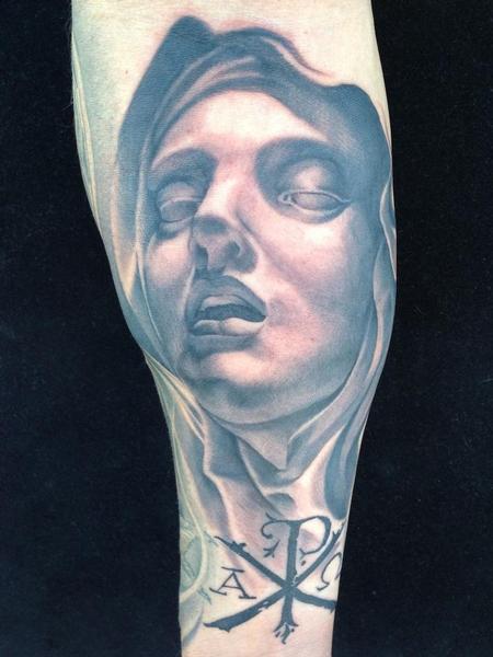 Realistic Grey Virgin Mary Tattoo On Left Forearm