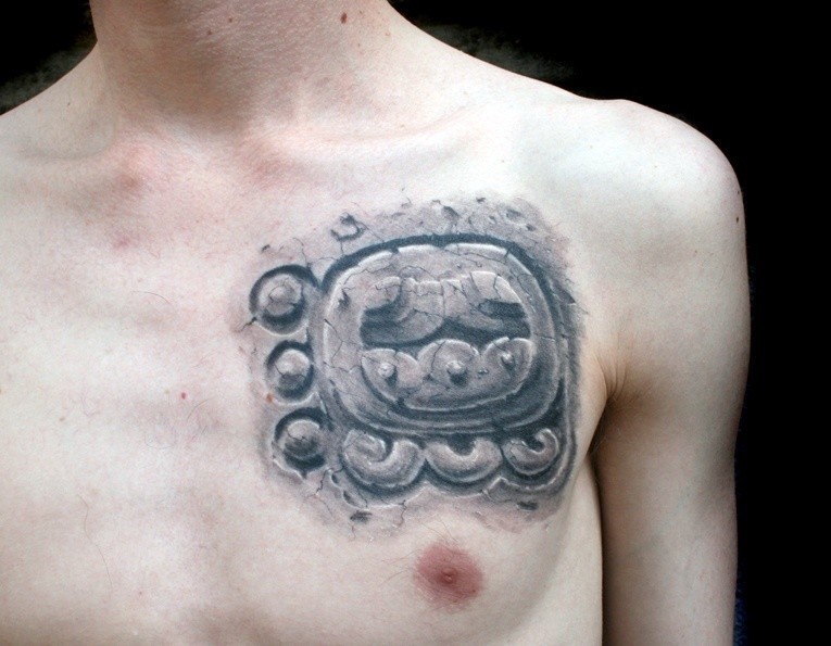 Realistic Mayan Tattoo On Man Chest