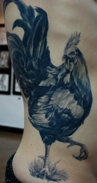 Realistic Rooster Tattoo On Side Rib