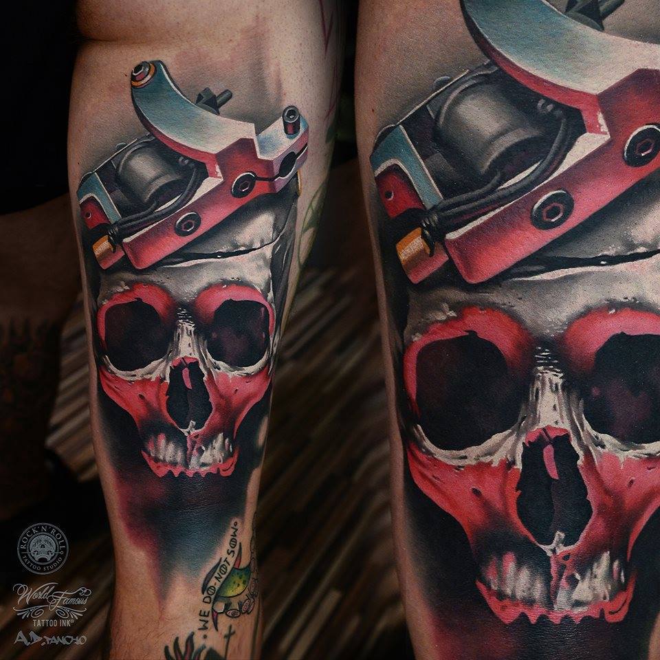 Red And Grey Skull Tattoo On Leg by AD Pancho