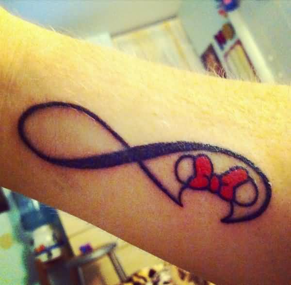 Red Bow Infinity Tattoo On Forearm
