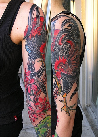 Red Flowers And Rooster Tattoo On Half Sleeve