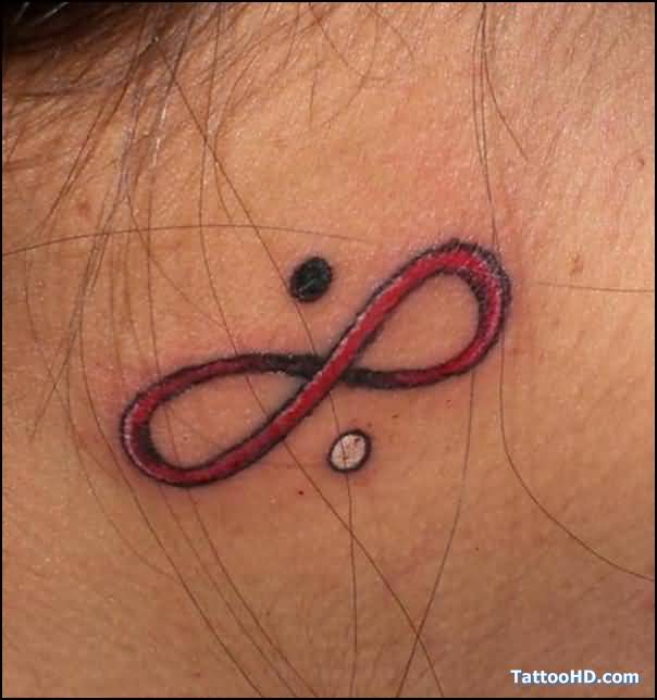 Red Infinity Tattoo On Girl Side Neck