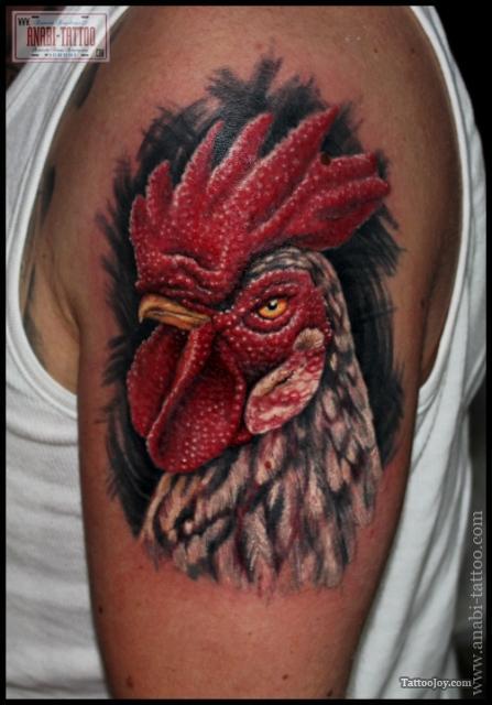 Red Rooster Head Tattoo On Left Shoulder