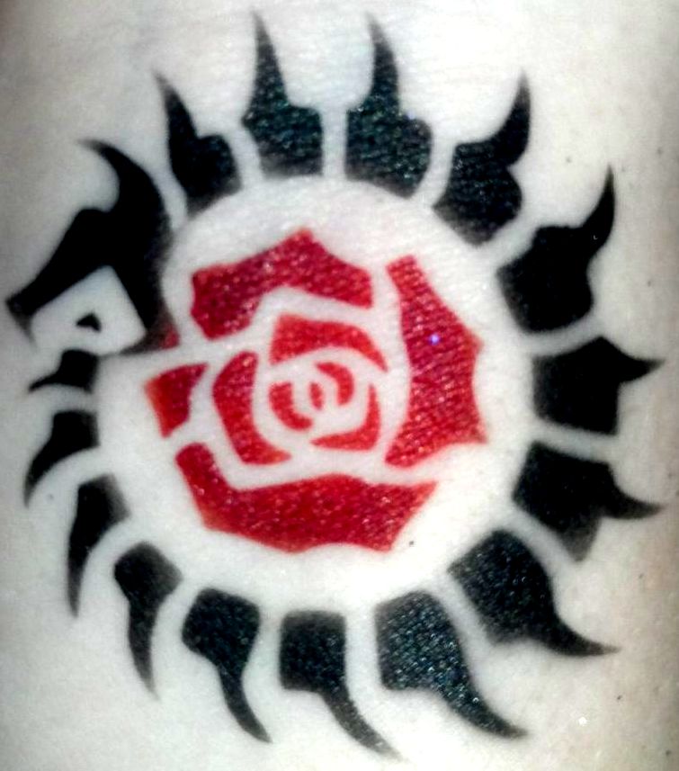 Red Rose And Tribal Ouroboros Tattoo Idea