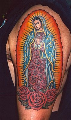 Red Roses And Virgin Mary Tattoo On Left Half Sleeve