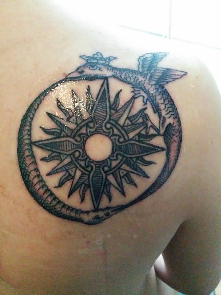 Right Back Shoulder Grey Ink Ouroboros Tattoo