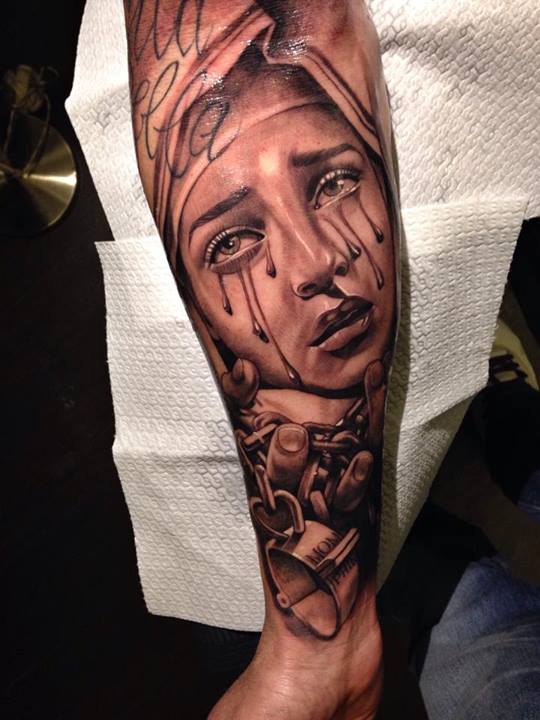 Right Forearm Crying Virgin Mary Tattoo