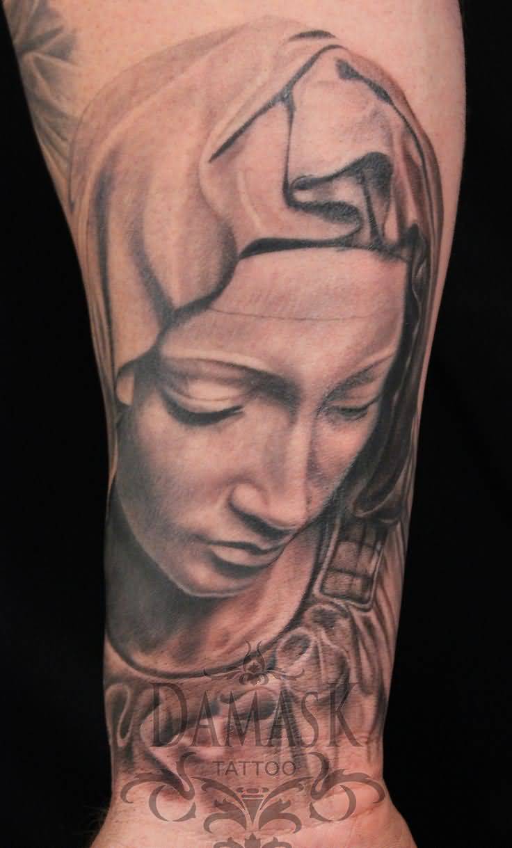 Right Forearm Grey Ink Virgin Mary Tattoo